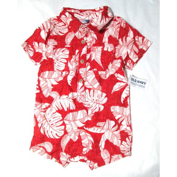 Old Navy Infant Boy Linen Blend Shirt Size 6–12M Red with White Tropical Leaves - Picture 1 of 5